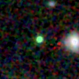 Colour composite: F444W red, F356W green, F277W blue, 3.2 arcsec across, north up