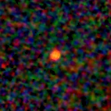 Colour composite: F444W red, F356W green, F277W blue, 3.2 arcsec across, north up