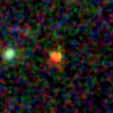 Colour composite: F444W red, F356W green, F277W blue, 3.2 arcsec across, north up