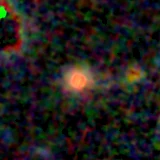 Colour composite: F444W red, F356W green, F277W blue, 3.2 arcsec across, north up