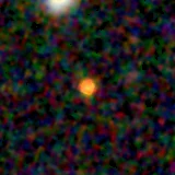 Colour composite: F444W red, F356W green, F277W blue, 3.2 arcsec across, north up