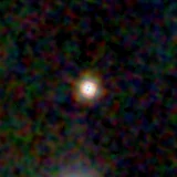Colour composite: F444W red, F356W green, F277W blue, 3.2 arcsec across, north up