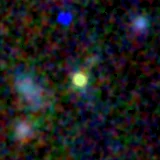 Colour composite: F444W red, F356W green, F277W blue, 3.2 arcsec across, north up
