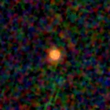 Colour composite: F444W red, F356W green, F277W blue, 3.2 arcsec across, north up
