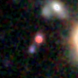 Colour composite: F444W red, F356W green, F277W blue, 3.2 arcsec across, north up