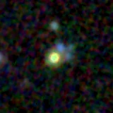 Colour composite: F444W red, F356W green, F277W blue, 3.2 arcsec across, north up
