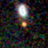 Colour composite: F444W red, F356W green, F277W blue, 3.2 arcsec across, north up