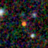 Colour composite: F444W red, F356W green, F277W blue, 3.2 arcsec across, north up