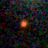 Colour composite: F444W red, F356W green, F277W blue, 3.2 arcsec across, north up
