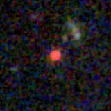 Colour composite: F444W red, F356W green, F277W blue, 3.2 arcsec across, north up
