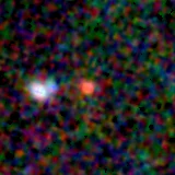 Colour composite: F444W red, F356W green, F277W blue, 3.2 arcsec across, north up