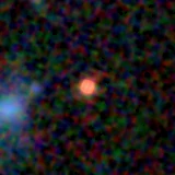 Colour composite: F444W red, F356W green, F277W blue, 3.2 arcsec across, north up