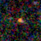 Colour composite: F444W red, F356W green, F277W blue, 3.2 arcsec across, north up