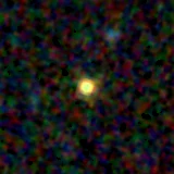 Colour composite: F444W red, F356W green, F277W blue, 3.2 arcsec across, north up