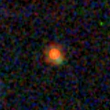 Colour composite: F444W red, F356W green, F277W blue, 3.2 arcsec across, north up