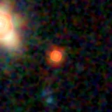 Colour composite: F444W red, F356W green, F277W blue, 3.2 arcsec across, north up
