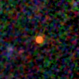 Colour composite: F444W red, F356W green, F277W blue, 3.2 arcsec across, north up