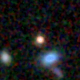 Colour composite: F444W red, F356W green, F277W blue, 3.2 arcsec across, north up