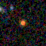 Colour composite: F444W red, F356W green, F277W blue, 3.2 arcsec across, north up