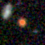 Colour composite: F444W red, F356W green, F277W blue, 3.2 arcsec across, north up