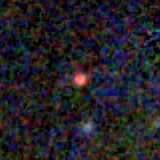 Colour composite: F444W red, F356W green, F277W blue, 3.2 arcsec across, north up
