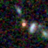 Colour composite: F444W red, F356W green, F277W blue, 3.2 arcsec across, north up
