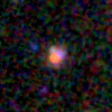 Colour composite: F444W red, F356W green, F277W blue, 3.2 arcsec across, north up