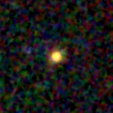 Colour composite: F444W red, F356W green, F277W blue, 3.2 arcsec across, north up