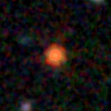 Colour composite: F444W red, F356W green, F277W blue, 3.2 arcsec across, north up