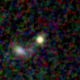 Colour composite: F444W red, F356W green, F277W blue, 3.2 arcsec across, north up