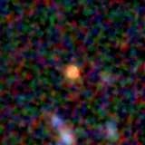 Colour composite: F444W red, F356W green, F277W blue, 3.2 arcsec across, north up