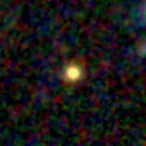 Colour composite: F444W red, F356W green, F277W blue, 3.2 arcsec across, north up