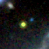 Colour composite: F444W red, F356W green, F277W blue, 3.2 arcsec across, north up