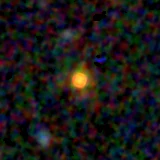 Colour composite: F444W red, F356W green, F277W blue, 3.2 arcsec across, north up