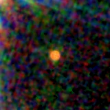 Colour composite: F444W red, F356W green, F277W blue, 3.2 arcsec across, north up