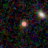 Colour composite: F444W red, F356W green, F277W blue, 3.2 arcsec across, north up