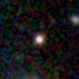 Colour composite: F444W red, F356W green, F277W blue, 3.2 arcsec across, north up