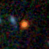 Colour composite: F444W red, F356W green, F277W blue, 3.2 arcsec across, north up