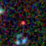 Colour composite: F444W red, F356W green, F277W blue, 3.2 arcsec across, north up