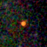 Colour composite: F444W red, F356W green, F277W blue, 3.2 arcsec across, north up