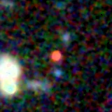 Colour composite: F444W red, F356W green, F277W blue, 3.2 arcsec across, north up