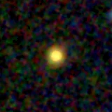 Colour composite: F444W red, F356W green, F277W blue, 3.2 arcsec across, north up