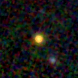Colour composite: F444W red, F356W green, F277W blue, 3.2 arcsec across, north up