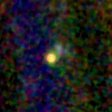 Colour composite: F444W red, F356W green, F277W blue, 3.2 arcsec across, north up