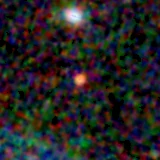 Colour composite: F444W red, F356W green, F277W blue, 3.2 arcsec across, north up