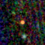 Colour composite: F444W red, F356W green, F277W blue, 3.2 arcsec across, north up