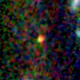 Colour composite: F444W red, F356W green, F277W blue, 3.2 arcsec across, north up