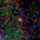 Colour composite: F444W red, F356W green, F277W blue, 3.2 arcsec across, north up