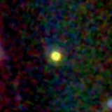 Colour composite: F444W red, F356W green, F277W blue, 3.2 arcsec across, north up