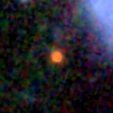 Colour composite: F444W red, F356W green, F277W blue, 3.2 arcsec across, north up
